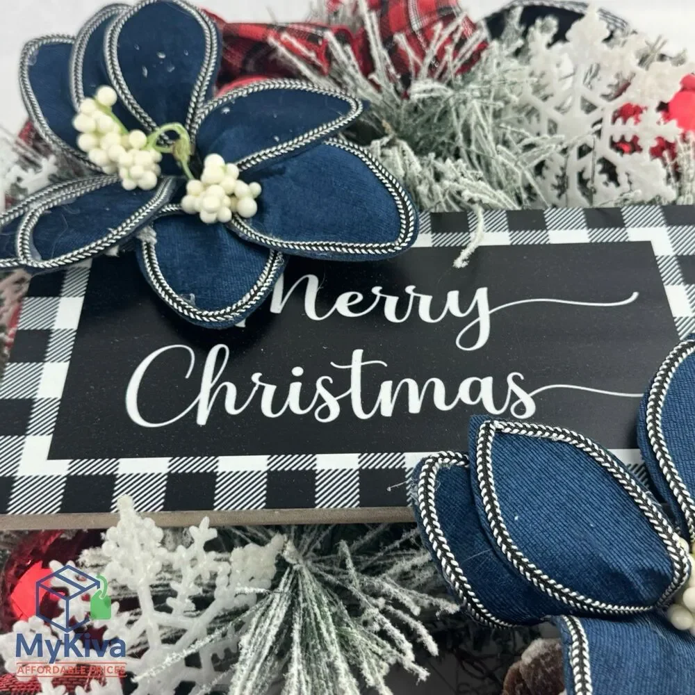 Christmas Wreath Front Door Decor 18 Inch Artificial Flowers Plaid Ribbon Sign